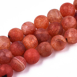 Natural Crackle Agate Beads Strands, Frosted, Dyed & Heated, Round, Tomato, 10mm, Hole: 1mm, about 38pcs/strand, 15.16 inch(38.5cm)(G-S373-002B-10mm)