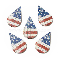 American Flag Theme Single Face Printed Aspen Wood Big Pendants, Teardrop Charm, Chocolate, 57.5x34.5x2.5mm, Hole: 1.6mm(WOOD-G014-12)