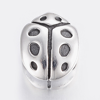 304 Stainless Steel European Beads, Large Hole Beads,  Ladybird, Antique Silver, 11x9x8mm, Hole: 5mm