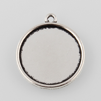 Tibetan Style Antique Silver Alloy Flat Round Pendant Cabochon Settings, Cadmium Free & Lead Free, Tray: 18mm, 24x21x2mm, Hole: 1mm