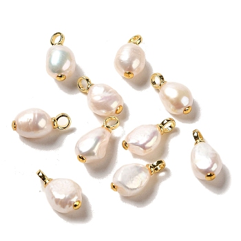 Natural Pearl Pendants, Nuggets Charms with Real 18K Gold Plated Brass Findings, Floral White, 18.5~20x8.5~10x7~9mm, Hole: 3.2mm