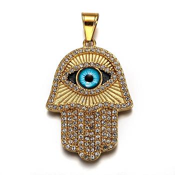 Ion Plating(IP) 304 Stainless Steel Enamel Pendants, with Rhinestone and Glass, Religion, Hamsa Hand/Hand of Fatima/Hand of Miriam with Evil Eye, Golden, 57.5x39x4mm, Hole: 7.5x11mm