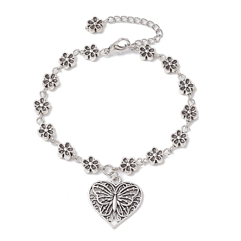 Tibetan Style Alloy Charm Bracelets, with Flower Link Chains, Heart, 7-1/4 inch(18.5cm), Heart: 22x22mm