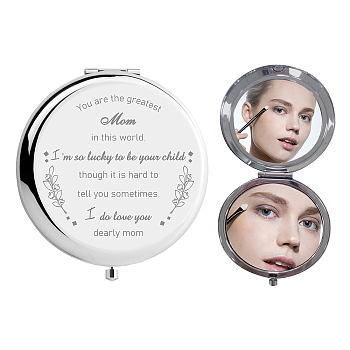 304 Stainless Steel Customization Mirror, Flat Round with Word, Floral Pattern, 7x6.5cm