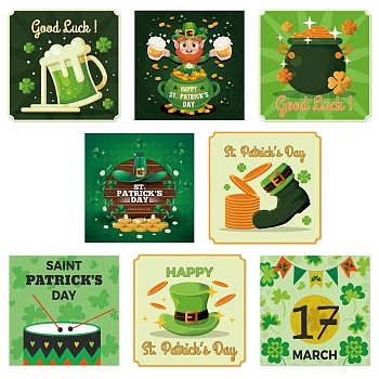 8 Sheets Saint Patrick's Day Theme Paper Self Adhesive Clover Label Stickers, for Party Bottle Decoration, Square, Green, 100x100mm, 8 sheets/set