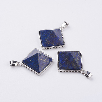 Natural Lapis Lazuli Pendants, with Brass Finding, Pyramid, Platinum, 28.5x32x13mm, Hole: 3.5x6mm