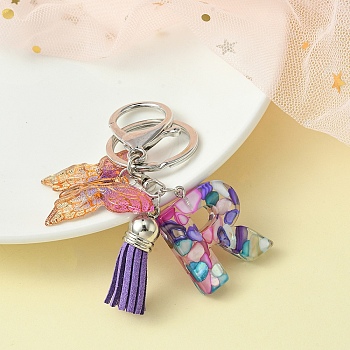Resin Letter & Acrylic Butterfly Charms Keychain, Tassel Pendant Keychain with Alloy Keychain Clasp, Letter R, 9cm