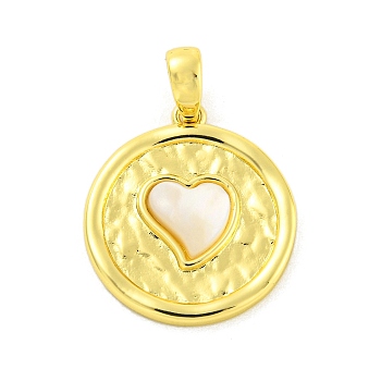 Brass Pave Shell Pendants, Real 18K Gold Plated, Flat Round with Heart Charm, Flat Round, 20x17.5x3mm, Hole: 5x3.3mm