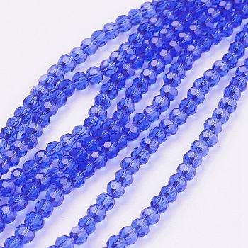 Faceted(32 Facets) Round Glass Beads Strands, Blue, 4mm, Hole: 1mm, about 98pcs/strand, 13.7 inch