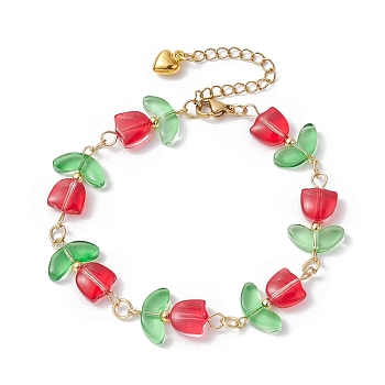 Glass Tulip Flower Beaded Bracelet with 304 Stainless Steel Clasps, Red, 7-5/8 inch(19.5cm)