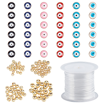 Nbeads 116Pcs DIY Evil Eye Style Bracelet Making Kits, with Brass Round Spacer Beads, Acrylic Enamel Beads and Flat Elastic Crystal String, Mixed Color, 5mm, Hole: 1mm, 20pcs