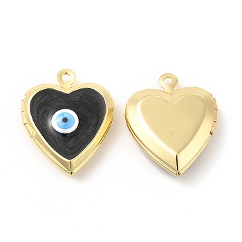 Brass Enamel Locket Pendants, Real 18K Gold Plated, Long-Lasting Plated, Heart with Evil Eye, Black, 21x17x5mm, Hole: 1.4mm, Inner Diameter: 9.5x10mm