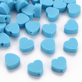 Handmade Polymer Clay Beads, Heart, Dodger Blue, 8~9x9~10x3~5mm, Hole: 1.2mm