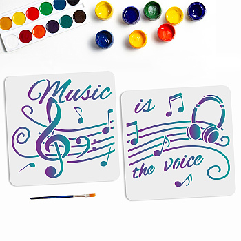 US 1 Set PET Hollow Out Drawing Painting Stencils, with 1Pc Art Paint Brushes, Musical Note Pattern, Painting Stencils: 300x300mm, 2pcs/set, Brushes: 16.9x0.5cm