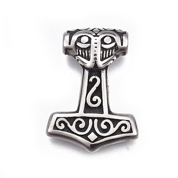 304 Stainless Steel Pendants, Thor's Hammer, Antique Silver, 29x21x7mm, Hole: 4mm