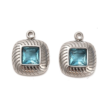304 Stainless Steel Pendants, with Light Blue Glass, Square Charms, Stainless Steel Color, 15x12x3.5mm, Hole: 1.8mm