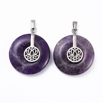 Natural Amethyst Pendants, with Platinum Tone Brass Findings, Donut/Pi Disc with Lotus, 35.5x30x8.5~9.5mm, Hole: 4.5x6.5mm