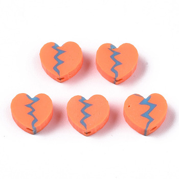 Handmade Polymer Clay Beads, for DIY Jewelry Crafts Supplies, Heart, Coral, 8x9~9.5x4~4.5mm, Hole: 1.8mm