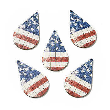 American Flag Theme Single Face Printed Aspen Wood Big Pendants, Teardrop Charm, Chocolate, 57.5x34.5x2.5mm, Hole: 1.6mm