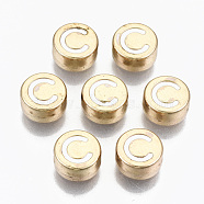 Alloy Enamel Beads, Cadmium Free & Lead Free, Flat Round with Initial Letters, Light Gold, White, Letter.C, 8x4mm, Hole: 1.5mm(ENAM-S122-029C-RS)