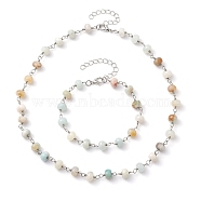 Rondelle Natural Amazonite Links Bracelets & Necklaces Sets, Brass Jewelry for Women, Beacelet: 7-7/8 inch(20cm), Necklace: 16-3/8 inch(41.5cm)(SJEW-JS01295-02)