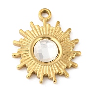 Real 18K Gold Plated 304 Stainless Steel Pendants, with Glass, Sun Charms, Clear, 19x16x3.5~4.5mm, Hole: 1.6mm(STAS-A084-21G-04)