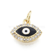Brass Micro Pave Clear Cubic Zirconia Charms, with Enamel and Jump Rings, Golden, Evil Eye, Black, 10x12x2.5mm, Hole: 3mm(KK-I691-05A)