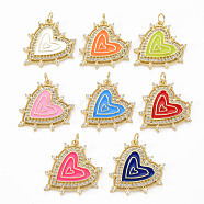 Brass Micro Pave Clear Cubic Zirconia Pendants, with Enamel and Jump Ring, Real 16K Gold Plated, Heart, Nickel Free, Mixed Color, 26x24x2.5mm, Jump Ring: 5x1mm, 3mm inner diameter(KK-N227-79-NF)