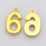 Rack Plated Zinc Alloy Number Charms, Lead Free & Cadmium Free & Nickel Free, Golden Metal Color, Num.6, 18x6~10x2mm, Hole: 2mm(PALLOY-A062-6G-NR)