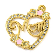 Ion Plating(IP) Real 18K Gold Plated 304 Stainless Steel Rhinestone Pendants, Heart with Word Mom Charms, for Mother's Day, Crystal, 22x21x2mm, Hole: 1mm(STAS-P341-13G-01)