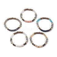 Round Natural Dalmatian Jasper & Glass & Wooden Beaded Stretch Bracelets for Women, Inner Diameter: 2 inch(5.2cm)(BJEW-JB10845)