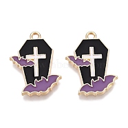 Halloween Theme Rack Plating Alloy Enamel Pendants, Golden, Coffin with Bat Charm, Medium Purple, 21.5x16x1.5mm, Hole: 1.6mm(ENAM-N056-357A)