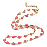 Ion Plating(IP) Golden 304 Stainless Steel Heart Link Chain Necklaces, with Enamel, Light Coral, 17.72~17.91 inch(45~45.5cm)(NJEW-E098-02G-05)
