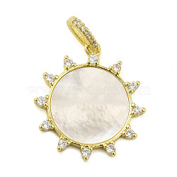 Rack Plating Brass Micro Pave Clear Cubic Zirconia Pendants, with Shell, Long-Lasting Plated, Cadmium Free & Lead Free, Sun Charm, Real 18K Gold Plated, 26x23.5x3mm, Hole: 5x2.5mm(KK-Q784-33G)
