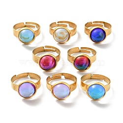 Flat Round Glass Adjustable Ring, 304 Stainless Steel Jewelry for Women, Golden, Mixed Color, US Size 6 1/4(16.7mm), Ring Surface: 12x6mm(RJEW-G253-01A-G)