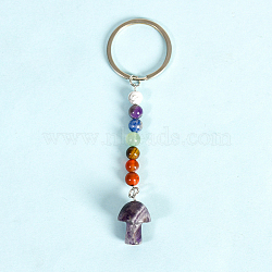 Natural Amethyst Mushroom Charm Keychain, 7 Chakras Theme Natural Howlite & Amethyst & Green Aventurine & Carnelian & Tiger Eye & Sodalite & Red Jasper Beaded Keychain, 10~11cm(G-PW0007-044G)