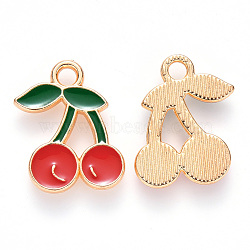 Alloy Enamel Pendants, Cherry, Light Gold, Red, 18x13x2mm, Hole: 2mm(ENAM-S121-065)