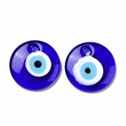 Handmade Lampwork Evil Eye Pendants, Flat Round, Blue, 20x4mm, Hole: 2.8mm(LAMP-E106-02F)