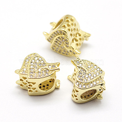Brass Micro Pave Grade AAA Cubic Zirconia European Beads, Large Hole Beads, Heart to Heart with Arrow, Lead Free & Nickel Free & Cadmium Free, Real 18K Gold Plated, 9x11x9mm, Hole: 4.5mm(KK-P126-17G-NR)