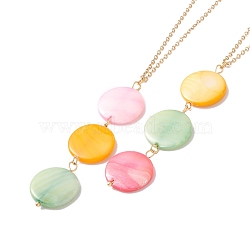 Natural Shell Flat Round Pendant Necklace with 304 Stainless Steel Chains for Women, Golden, Colorful, 17.76~17.91 inch(45.1~45.5cm)(NJEW-C016-08G)