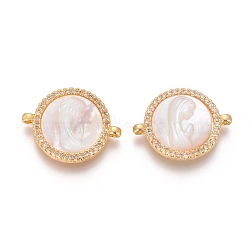 Brass Micro Pave Cubic Zirconia Links connectors, with Shell, Flat Round with Virgin Mary, Clear, Golden, 15x20x3mm, Hole: 1.2mm(KK-I656-46G)