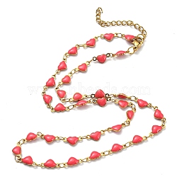 Ion Plating(IP) Golden 304 Stainless Steel Heart Link Chain Necklaces, with Enamel, Light Coral, 17.72~17.91 inch(45~45.5cm)(NJEW-E098-02G-05)