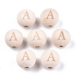 Unfinished Natural Wood European Beads, Large Hole Beads, Laser Engraved Pattern, Round with Word, Letter.A, 15~16x14~15mm, Hole: 4mm(WOOD-S045-143A-01A)