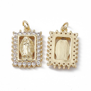 Brass Clear Cubic Zirconia Pendants, with Jump Ring, Rectangle with Virgin Mary Charms, Real 18K Gold Plated, 21.5x14.5x3mm, Hole: 3mm
