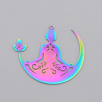Ion Plating(IP) 201 Stainless Steel Pendants, Laser Cut, Yoga, Rainbow Color, 38.5x45x1mm, Hole: 1.6mm