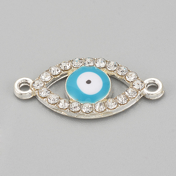 Alloy Rhinestone Links connectors, Cadmium Free & Lead Free, Evil Eye, Sky Blue, Silver Color Plated, 22x10x2mm, Hole: 1mm