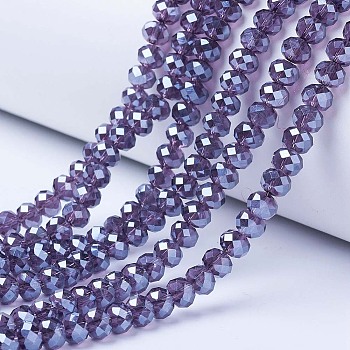 Electroplate Glass Beads Strands, Pearl Luster Plated, Faceted, Rondelle, Slate Blue, 8x6mm, Hole: 1mm, about 65~72pcs/strand, 15.7~16.1 inch(40~41cm)