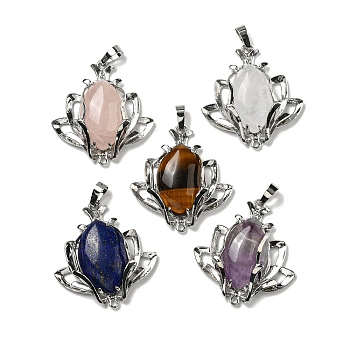 Natural Mixed Stone Pendants, Flower Charms with Rack Plating Brass Findings, Platinum, Cadmium Free & Lead Free, Mixed Dyed and Undyed, 37x35x10mm, Hole: 8x5mm and 1.6mm