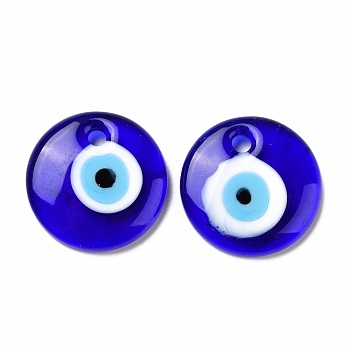 Handmade Lampwork Evil Eye Pendants, Flat Round, Blue, 20x4mm, Hole: 2.8mm