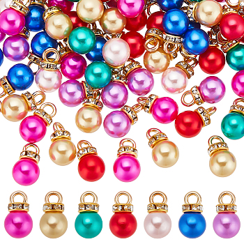 Nbeads 140Pcs 7 Colors ABS Plastic Charms, with Golden Tone Iron Findings and Rhinestone, Dyed, Round, Mixed Color, 13.5x8mm, Hole: 2.5mm, 20pcs/color